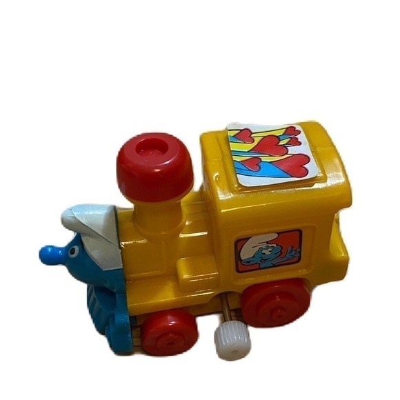 Vintage Smurf Wind Up Train Toy Kids Peyer 1982 Yellow Red - Picture 1 of 7